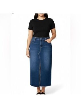 Denim Pencil Maxi Skirt with Front Slit - Blue